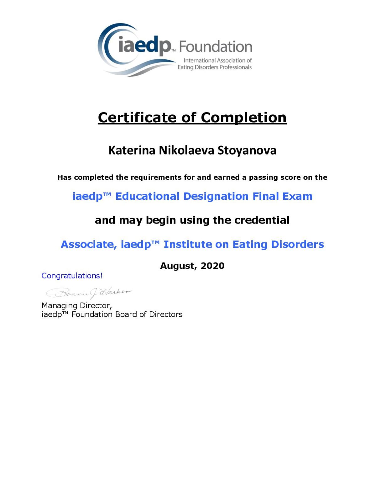ieadp Educational Designation Final Exam, Associate, iaedp Institute on Eating Disorders